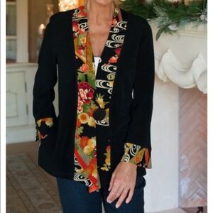 Soft Surroundings Black & Floral Asian Print Kimono Jacket 1X Plus Size